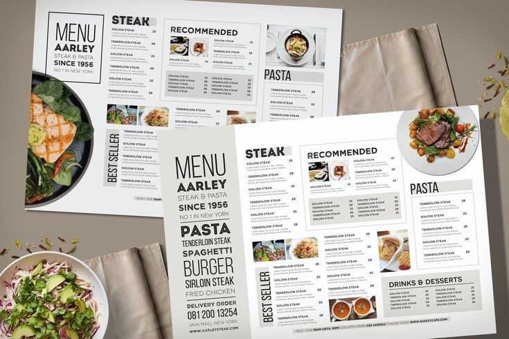 Restaurangmenyer med tydliga rubriker, bilder och strukturerad layout